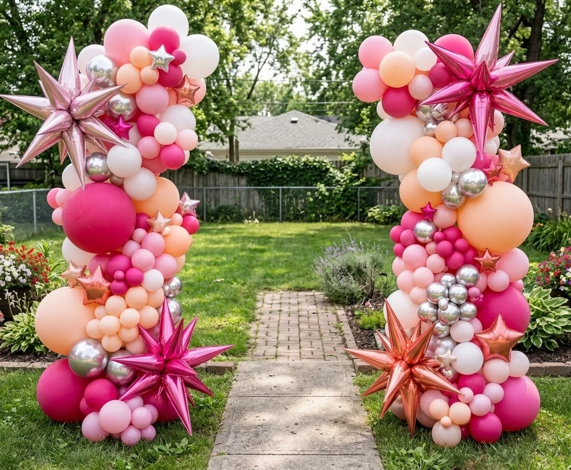 Two tall garden balloon columns in hot pink, blush and peach with silver and pink foil stars, standing either side of a backyard path