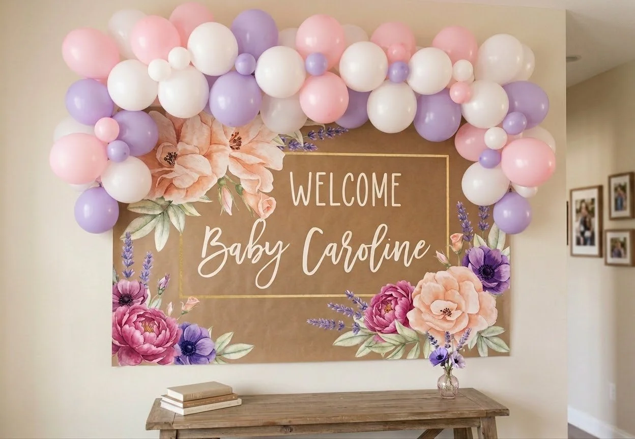 A pastel pink, lilac and mint balloon garland arching over a hand-painted “welcome baby caroline” craft-paper sign with painted florals
