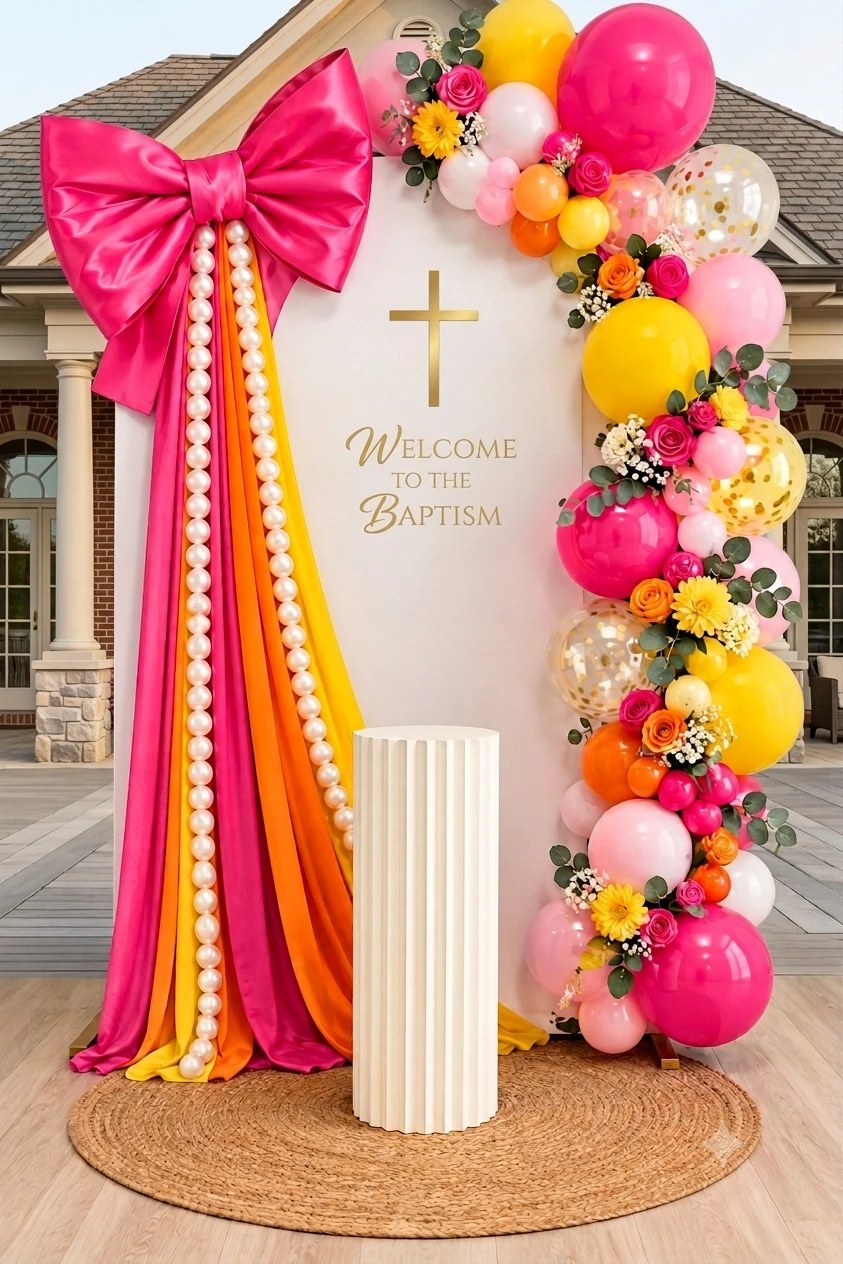A hot-pink satin bow with pearl strands and pink-and-orange drapes beside a white panel reading “welcome to the baptism”, wrapped in pink, orange and yellow balloons and roses
