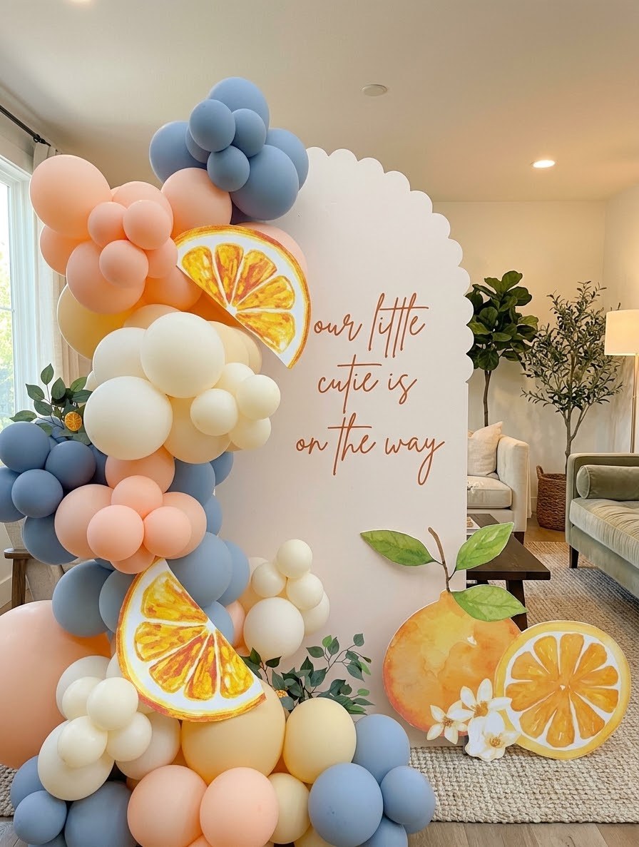 A peach, cream and dusty-blue balloon garland with watercolor orange-slice cut-outs around a scalloped white arch reading “our little cutie is on the way”