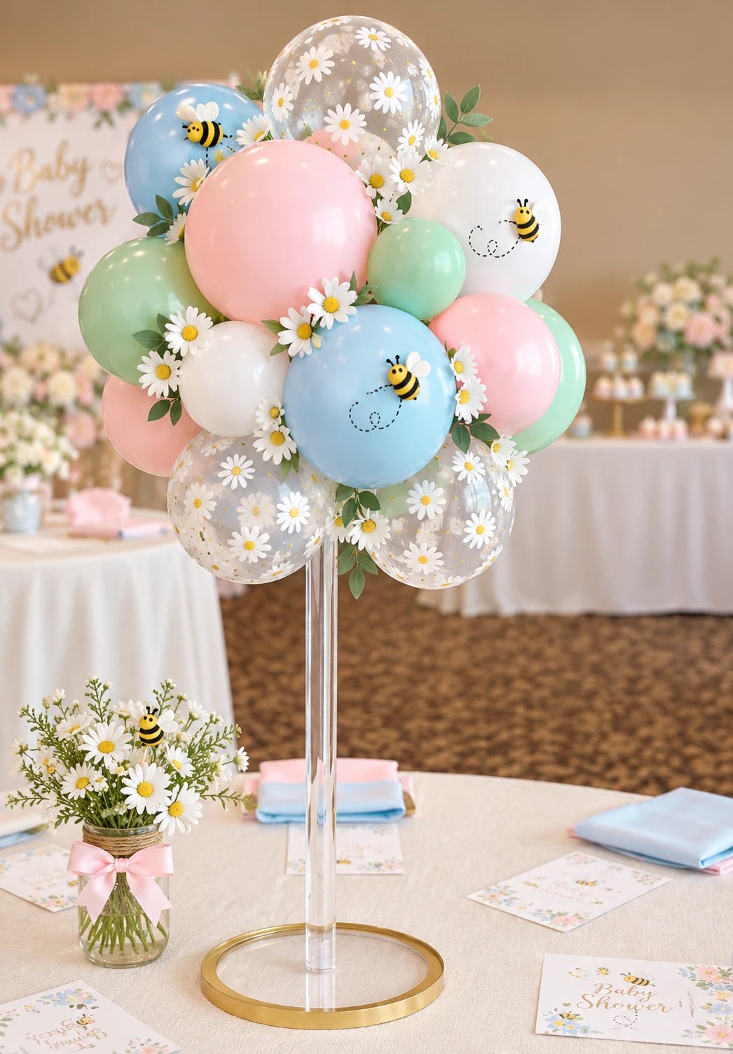 A balloon centerpiece of pastel pink, blue, mint and daisy-print balloons with little bumblebees on a clear stand above a jar of daisies