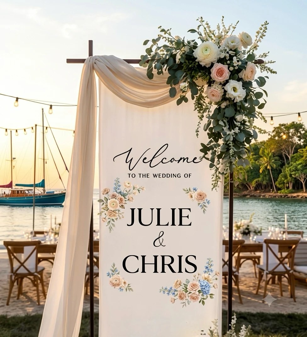 A white welcome sign reading “welcome to the wedding of Julie & Chris” with painted florals, draped in chiffon and crowned with white ranunculus and eucalyptus at a seaside ceremony